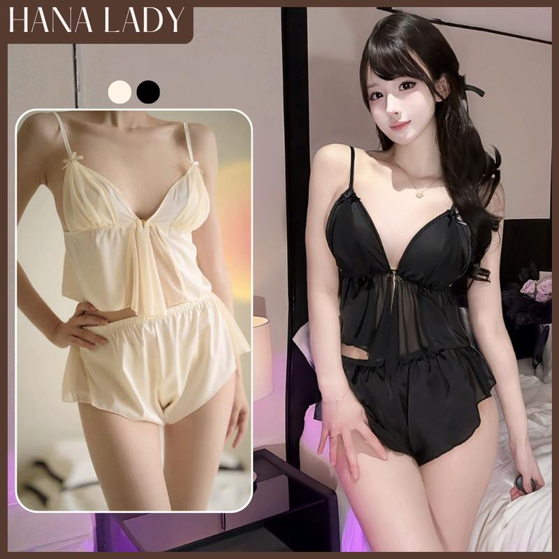 Đồ Ngủ Nữ - Bộ Ngủ Lụa 2 Dây Phối Ren Xẻ Tà Cài Trước VN585