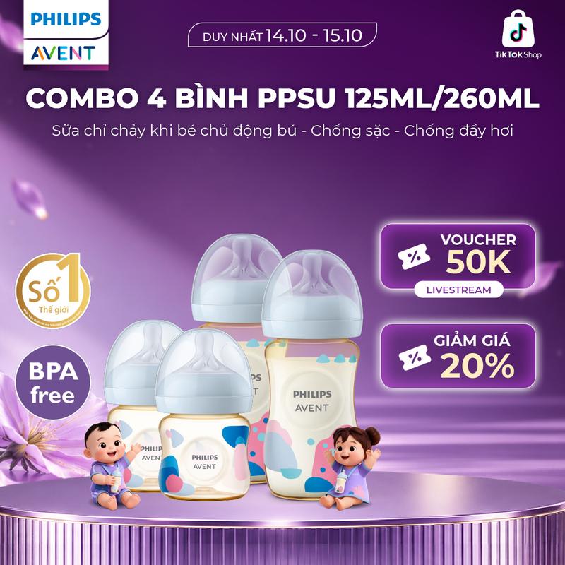 Combo tiết kiệm 6 tháng đầu PPSU - 4 Bình sữa mô phỏng tự nhiên PPSU Philips Avent 125ml & 260ml
