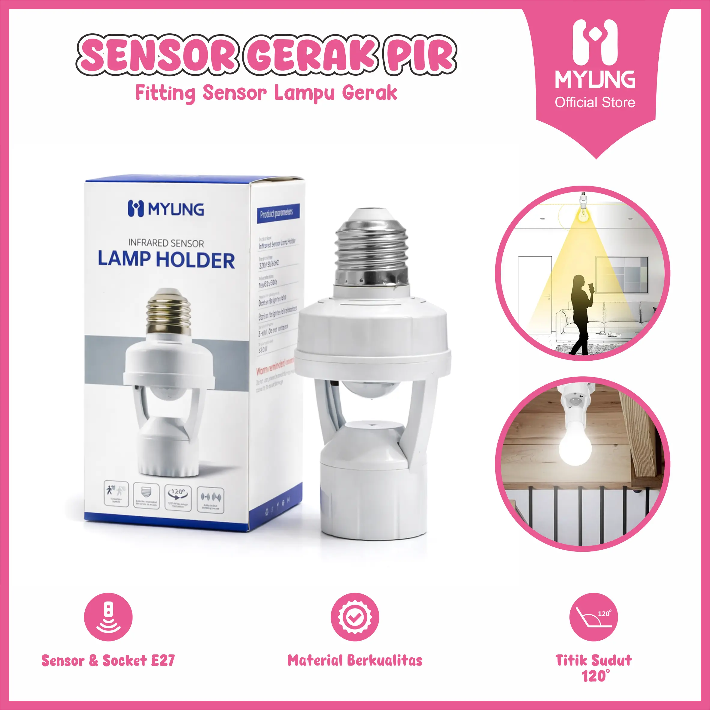 MYUNG Fitting Lampu Pintar Otomatis Sensor Gerak PIR Socket E27 Cahaya Siang Dan Malam