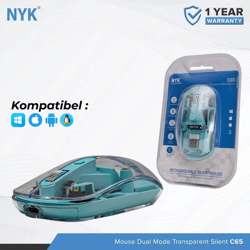 Mouse NYK C65 Silent Click Dual Mode Bluetooth Wireless Rechargeable Transparant Blue 2