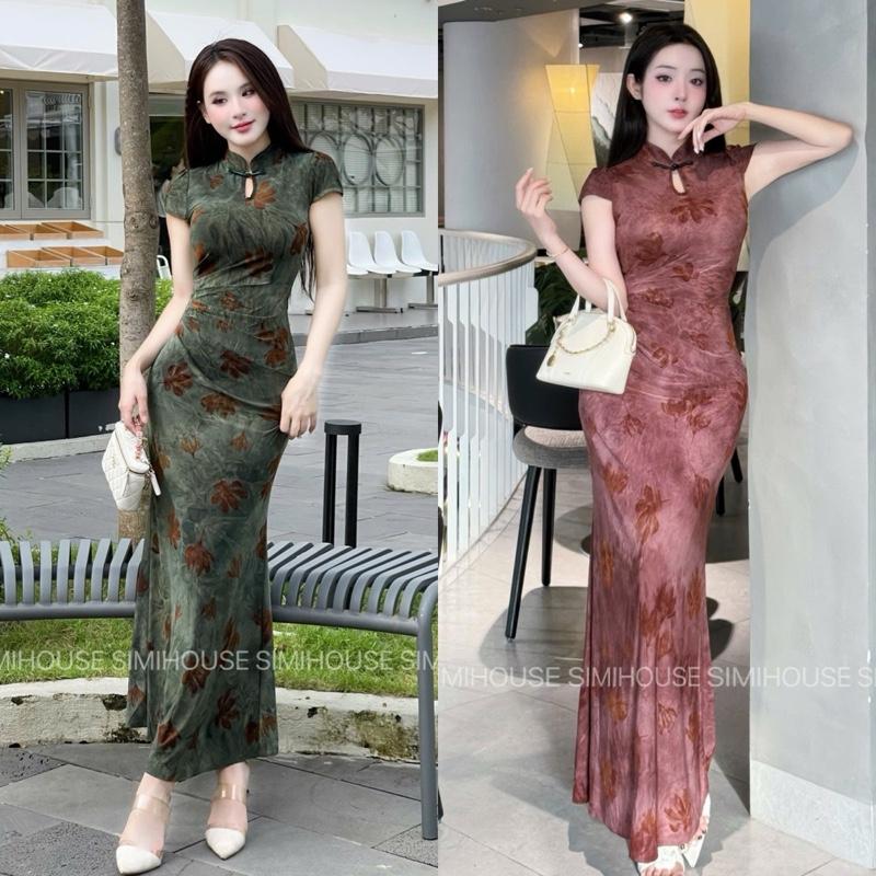  VÁY BODY SƯỜN XÁM V51 THUN ÉP NHUNG CAO CẤP    Đầm body thiết kế sườn xám V51 cổ giọt nước   SIMIHOUSE   