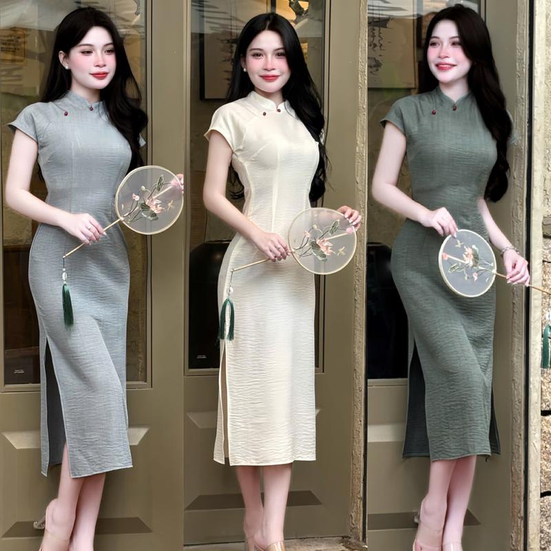  Mijustore M09 Sườn Xám Thiết Kế Cao Cấp Cách Tân Phong Cách Nữ Hiện Đại Tôn Dáng Có Xẻ Tà Mặc Tết Màu Kem Be Và Xanh Lá 