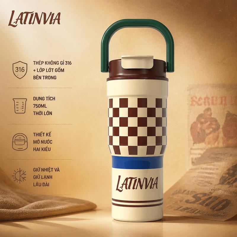 [Latinvia x Vinhbanhbo deal 9k] 2001 Bình Giữ Nhiệt LATINVIA 750ml, Ruột Inox 316 Phủ Gốm, Giữ Nóng Lạnh, Có Ống Hút, 2 Cách Uống, Quai Xách Tiện Lợi,Bề Mặt Nhám Mờ, 4 Màu, Dùng Đi Học Đi Làm