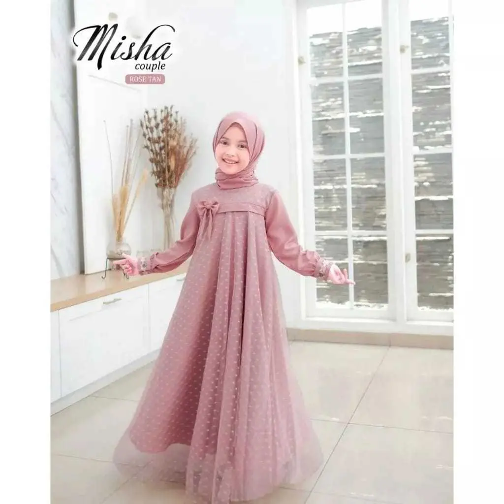 Dress Anak Perempuan Lucu Gamis Brukat Model Terbaru 2024 Misha Dress Pesta Usia 5-13 Tahun - Crinkle Airflow Mix Brukat Tille - Bunga Muslim - Pita, Putih Baju Lilac  Panjang Wanita