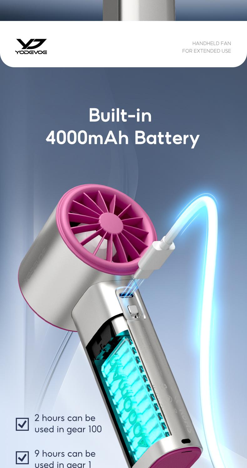 Yodevoe B01 High-speed Portable Handheld Fan 4000MAH Mini kipas Strong Wind 100 Gear Wind Speed kipas angin Digital Display Adjustable Turbo kipas tangan untuk olahraga luar ruangan dan pendinginan cepat