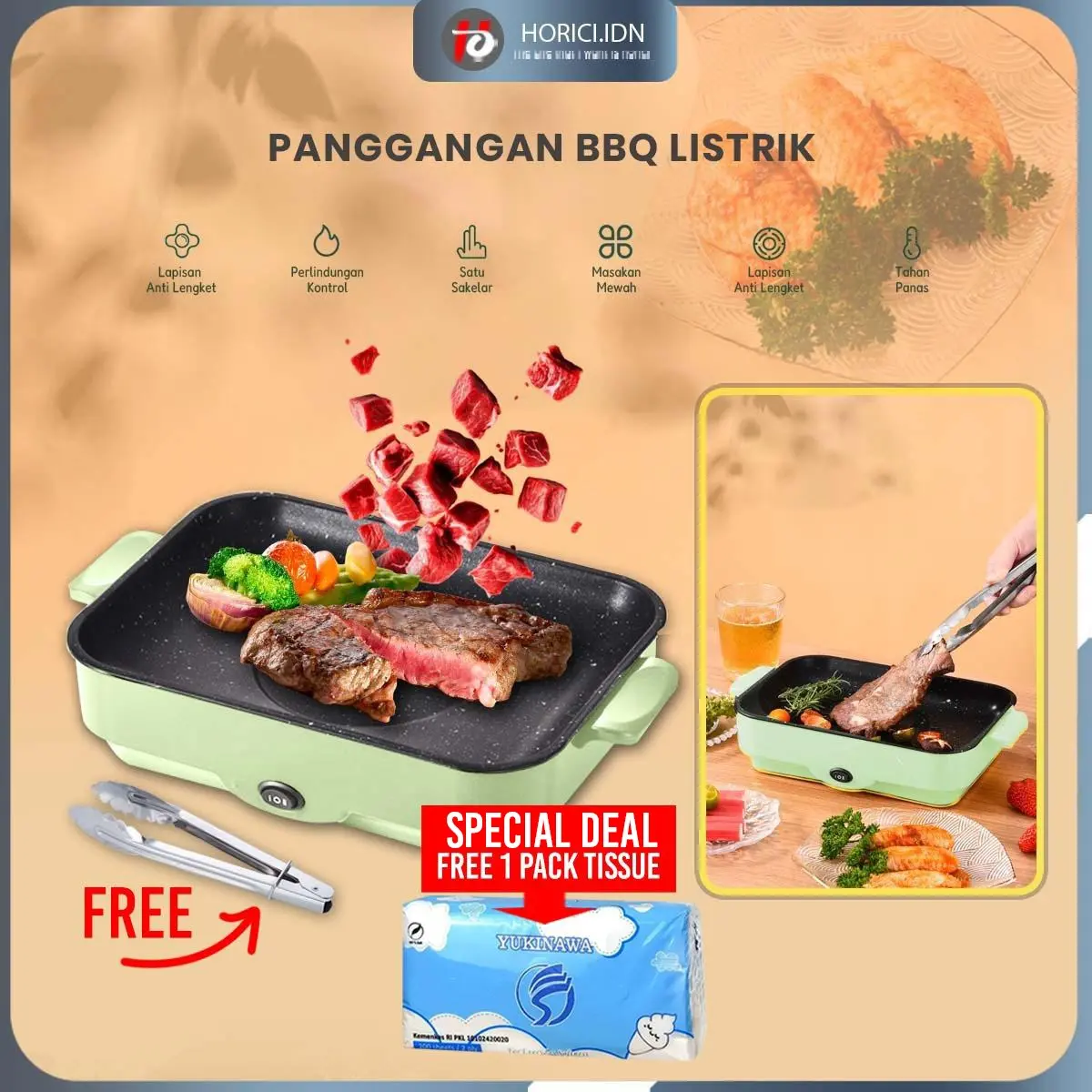 Panggangan Multifungsi BBQ Elektrik Panci Pemanggang Anti lengket Persegi Panjang Panci Panggang Listrik Grill Electric