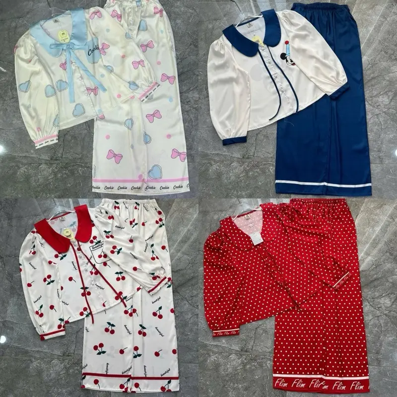 (FS 40-56KG) ĐỒ BỘ CỔ SEN TIỂU THƯ LỤA LATIN MỊN , PIJAMA NỮ MẶC NHÀ 2CE - Nữ Women  Kem Nhung Áo Voi Tim
