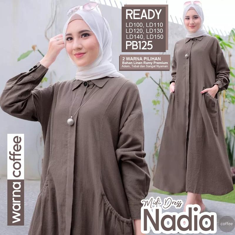 Nadia Gamis Dress Polos Wanita Muslim Korean Style Lengan Panjang Full Kancing sampai bawah busui wudhu friendly Adem nyaman Ukuran Lengkap untuk BB 40kg sampai 120kg Ready Size LD100, LD110, LD120, LD130, LD140, LD150 1