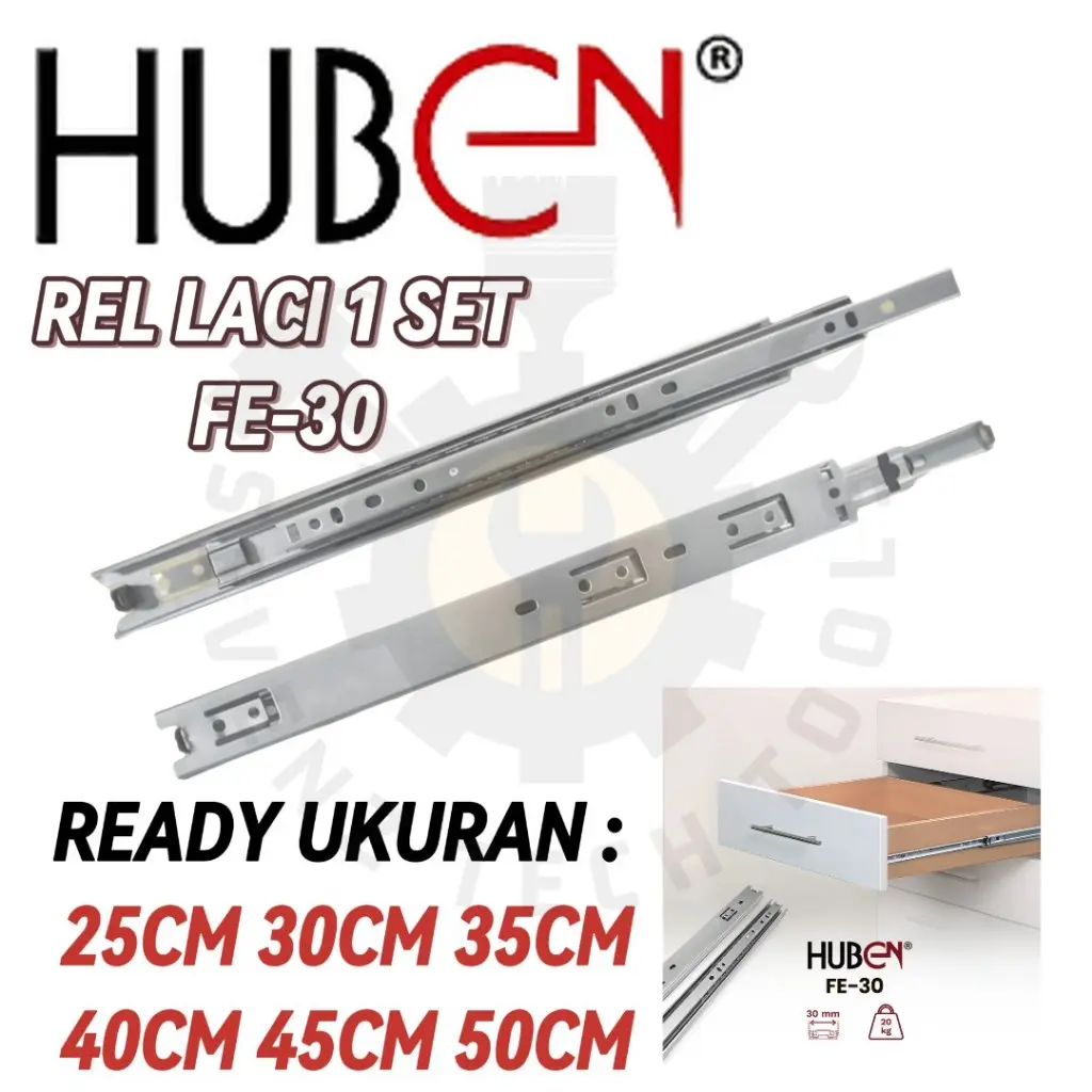 HUBEN REL LACI DOUBLE TRACK FE-30MM FULL EXTENSION BALL BEARING RELL LACI MEJA DOUBLE TARIK 25 30 35 40 45 50 CM