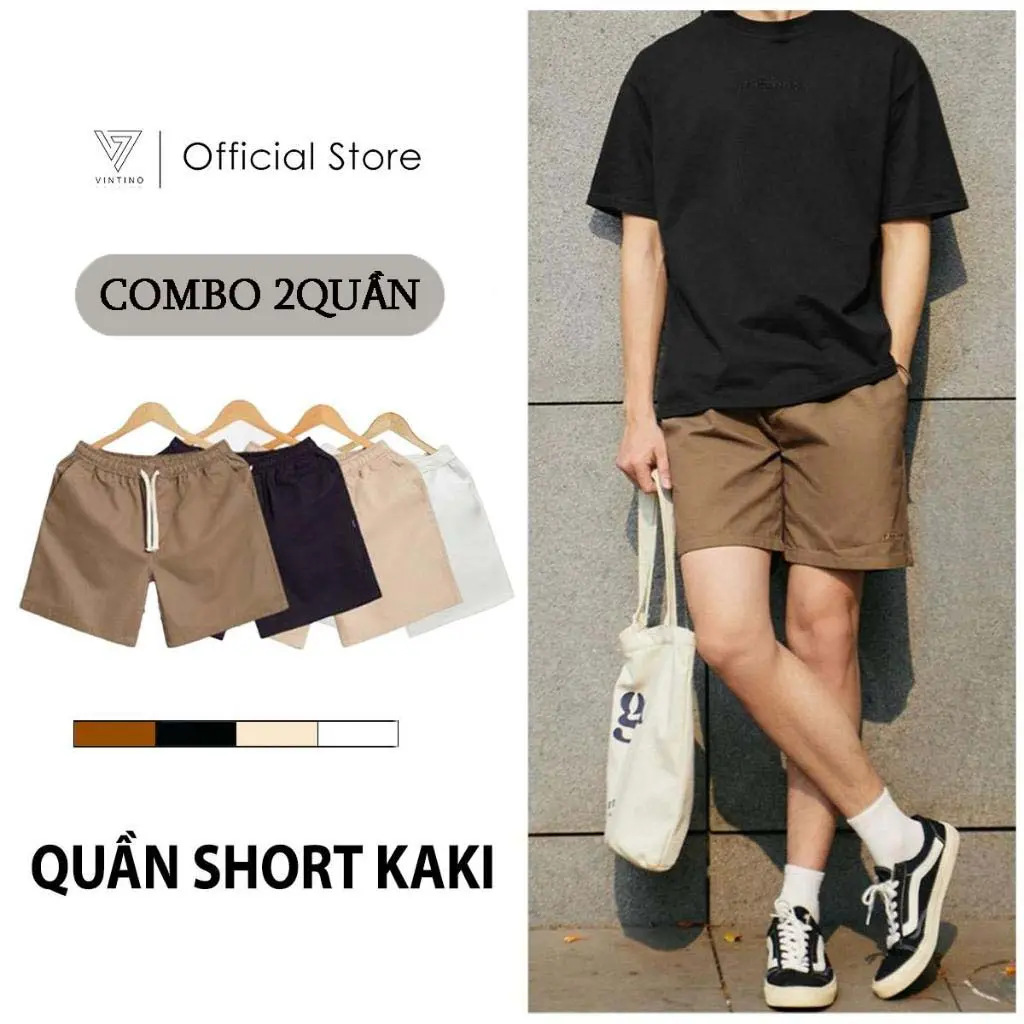 VINTINO COMBO 2 Quần Short Kaki Form Đùi Cộc Vải Kaki Gió Cạp Chun Menswear Nam Có Túi 4 Màu Đen Trắng Nâu Be