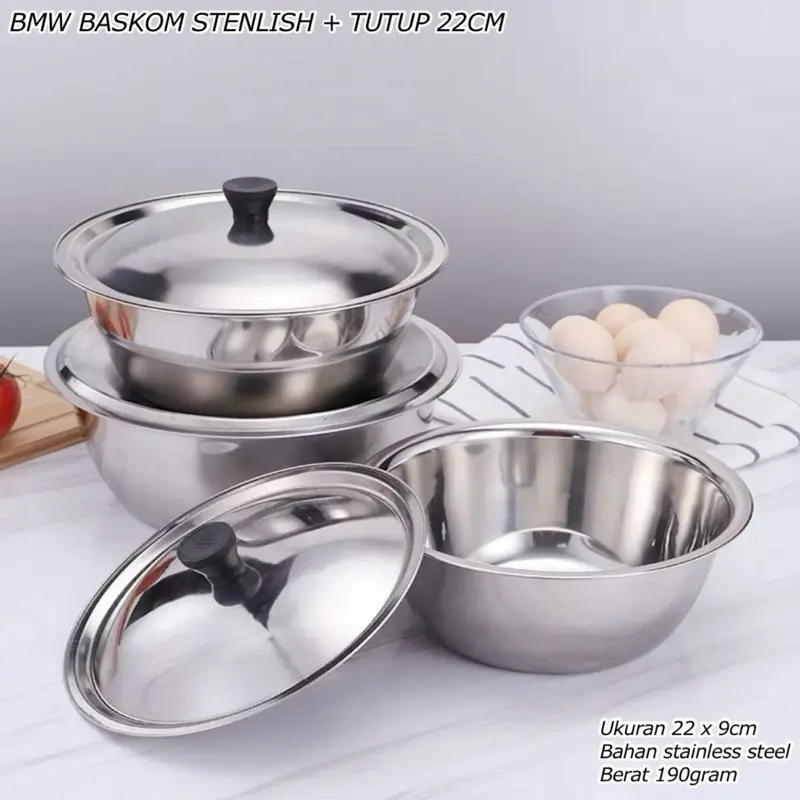 BASKOM STENLISH + TUTUP 22CM || MANGKOK STAINLESS SERBAGUNA || BASKOM WADAH MAKANAN TEBAL