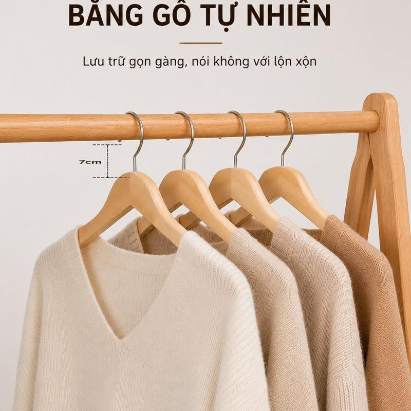 Combo 10 móc treo quần áo gỗ, móc gỗ treo quần áo thanh ngang có rãnh đủ màu