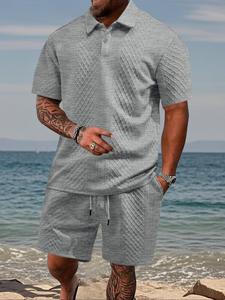 Men's Solid Color Jacquard Short Sleeve Shirt & Drawstring Waist Shorts Two-piece Set, Casual Fashion Cozy Breathable Men's Two-piece Set for Beach Vacation, Men's Clothing Set for Summer, Menswear