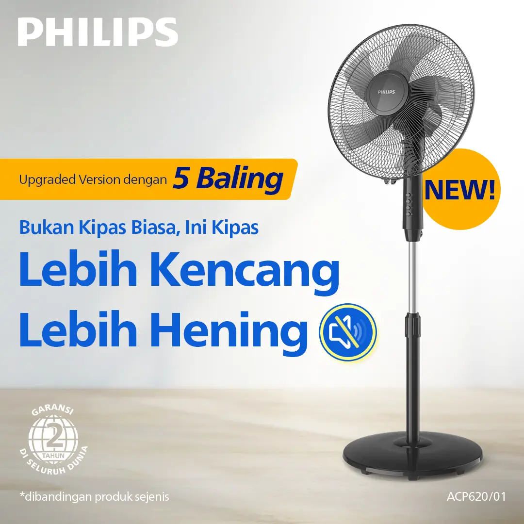 Baru! Philips Kipas Angin Baling 5, Kipas Angin Philips Berdiri ACP620/01 Hitam - Lebih Kencang, Lebih Senyap, Dijamin Awet, Stand Fan, 16 Inchi