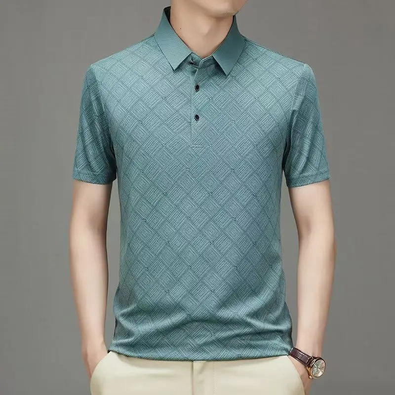 New men's smooth ice silk non ironing polo shirt Thin jacquard high-end business casual lapel T-shirt Breathable, comfortable, trendy and versatile commuting top