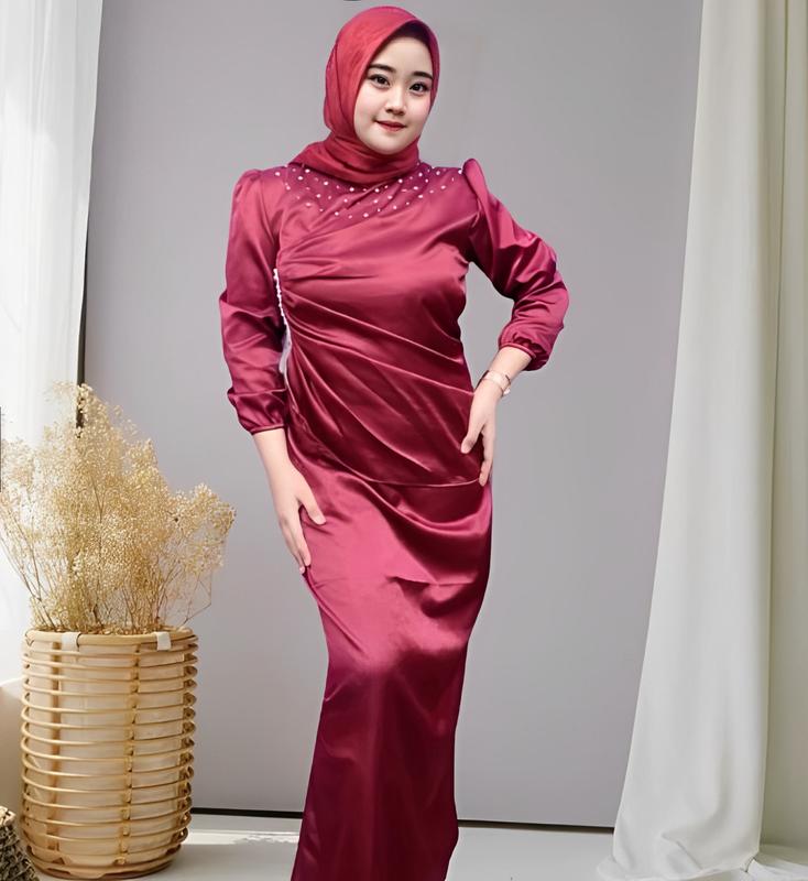 [Vina Dress Spesial Burgundy] Gamis Pesta Kondangan Viral Kirey Duyung Baju Lebaran Wanita Remaja Dewasa muslimah Kekinian Bridesmaid Mewah 3