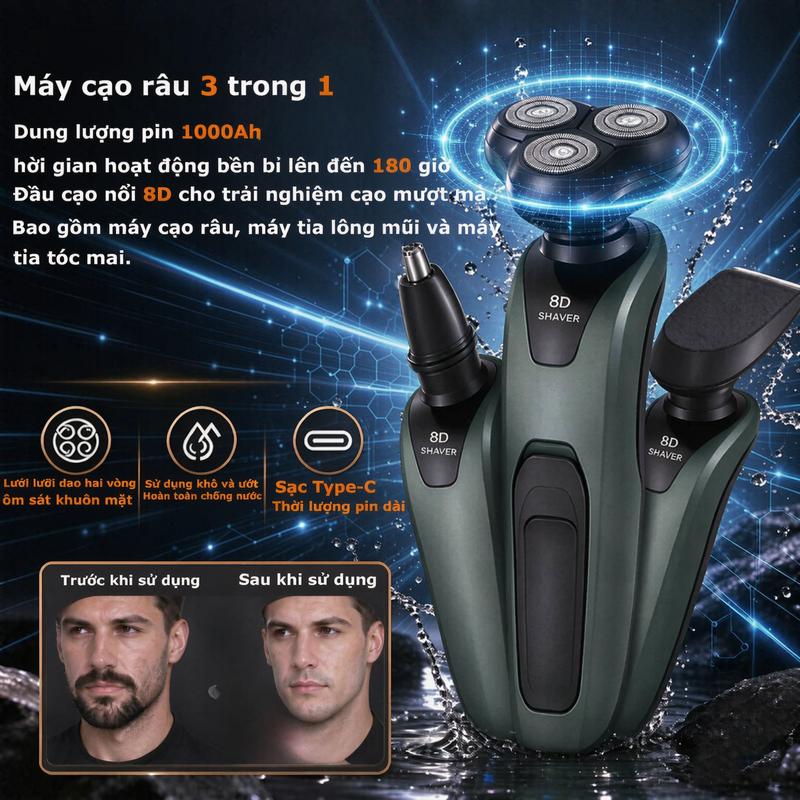 Máy Cạo Râu Điện 3 Trong 1 8D, 3 Đầu Thay Thế Cạo Râu Tỉa Lông Mũi Tỉa Tóc, Đầu Dao Nổi Đa Chiều, Cạo Sạch Không Râu Sót, Quà Tặng Cho Chồng Nam Giới
