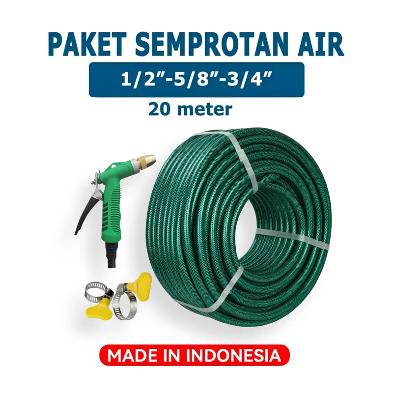 20 METER PAKET SEMPROTAN SELANG AIR SERAT BENANG HIJAU 1/2, 5/8, 3/4 INCH - SEPAKET CUCI MOTOR MOBIL TAMAN KEBUN 0