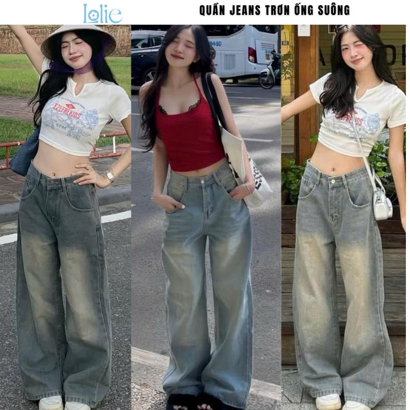 [MỞ BÁN] Quần Bò Xuông Ống Rộng Wash Cạp Cao LOLIE Form Rộng Màu RETRO, Quần Jean Ống Rộng Suông Nữ lưng cao có BIGSIZE S-2XL  Pants Baggy