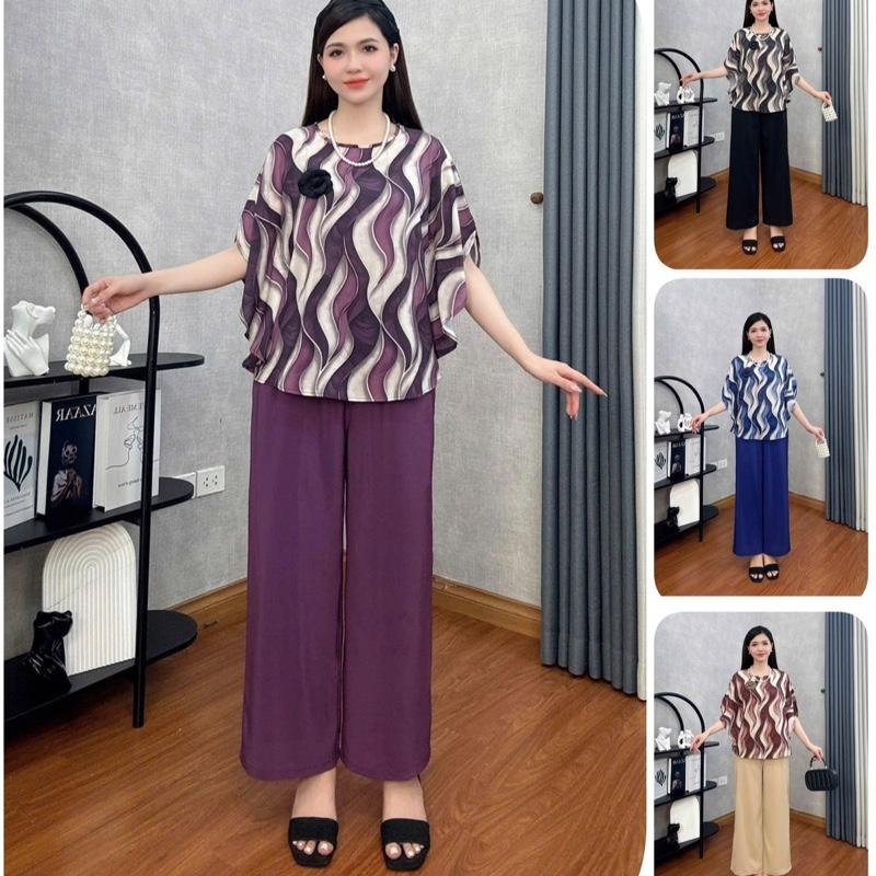 Bộ đồ trung niên đồ bộ mặc nhà Loudra shop B33 đồ bộ tặng mẹ quần dài áo cộc lụa Mango Top Tím Nữ Women