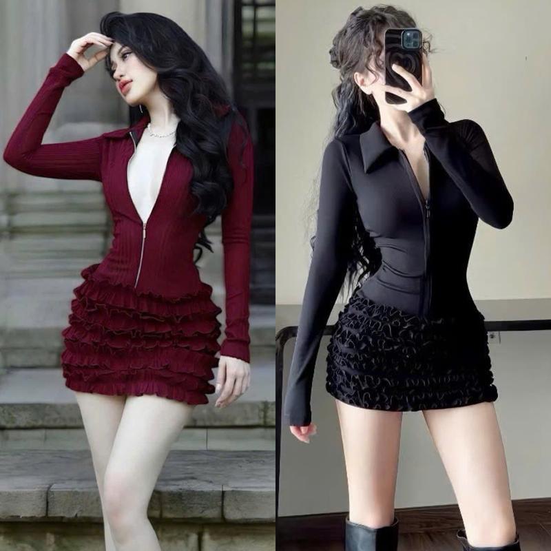 Đầm body cổ sơ mi tay dài có khoá kéo phối tầng chân bèo nhí kèm quần trong - Thun gân lạnh