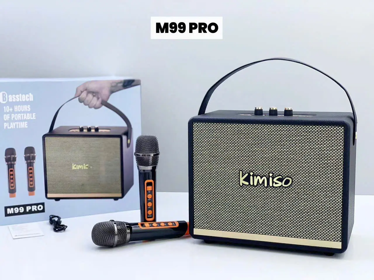 LOA KARAOKE M99 PRO KÈM 2 MIC KHÔNG DÂY CÓ CỔNG CẮM GUITAR VÀ CỔNG CẮM THÊM MIC DÂY