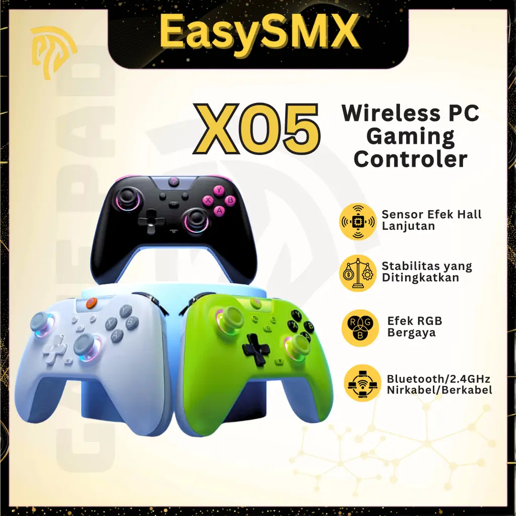 EasySMX X05 [GARANSI 1 TAHUN] Wireless Gamepad Bluetooth Gaming Controller Wireless Gamepad Joystick Hall Effect RGB Light Compatible with PC/Phone/Switch/ Steam Gamer