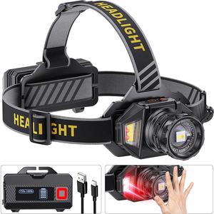 1PC LEDヘッドランプ 充電式、超明るいモーションセンサー付きLEDヘッドランプ、12モード、IPX7防水、90°調整可能、ズーム機能付きヘッドライト 大人用、キャンプ、サイクリング、ランニング用   ﻿