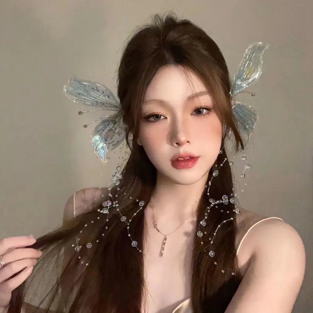 เครื่องประดับผมแต่งงานเจ้าสาว กรงเล็บผม หมวกหูนางฟ้าหวานละเอียดอ่อน กิ๊บติดผม พู่กลิตเตอร์ คลิปด้านข้างผีเสื้อ
