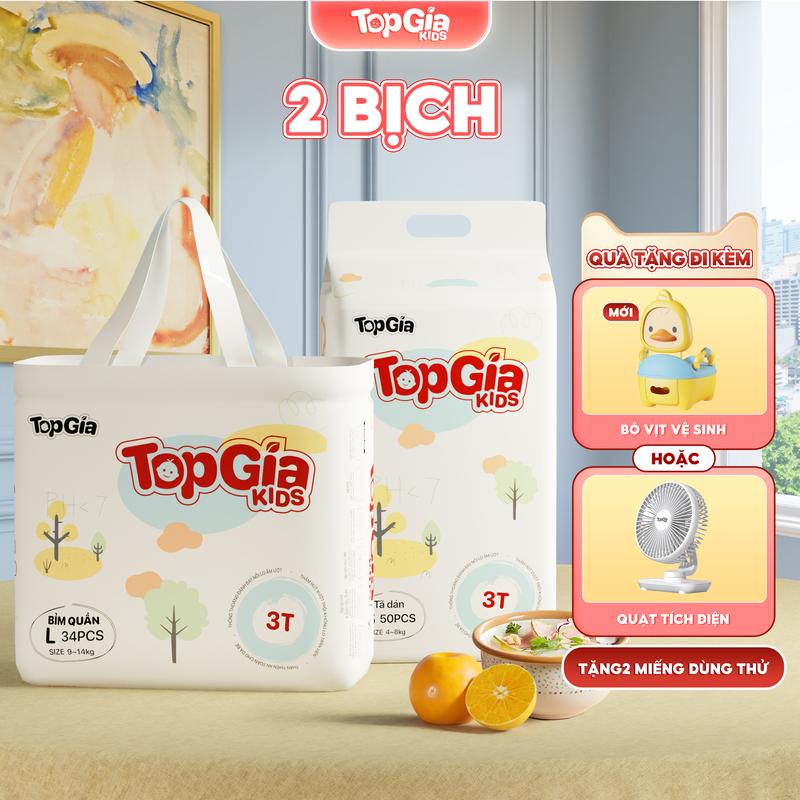 (LIVE) 2 BỊCH (TẶNG QUÀ) Tã/Bỉm cho bé, bỉm TopGiaKids pH < 7 ngừa hăm, đai chun đệm mây mềm mại co dãn 4 chiều, thấm hút bề mặt khô thoáng size S đến XXXL cho bé từ 4-20kg kem (bỉm)