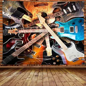 Kain dinding musik gitar rock retro untuk dekorasi ruangan, kain dinding modifikasi untuk tempat tidur kamar asrama