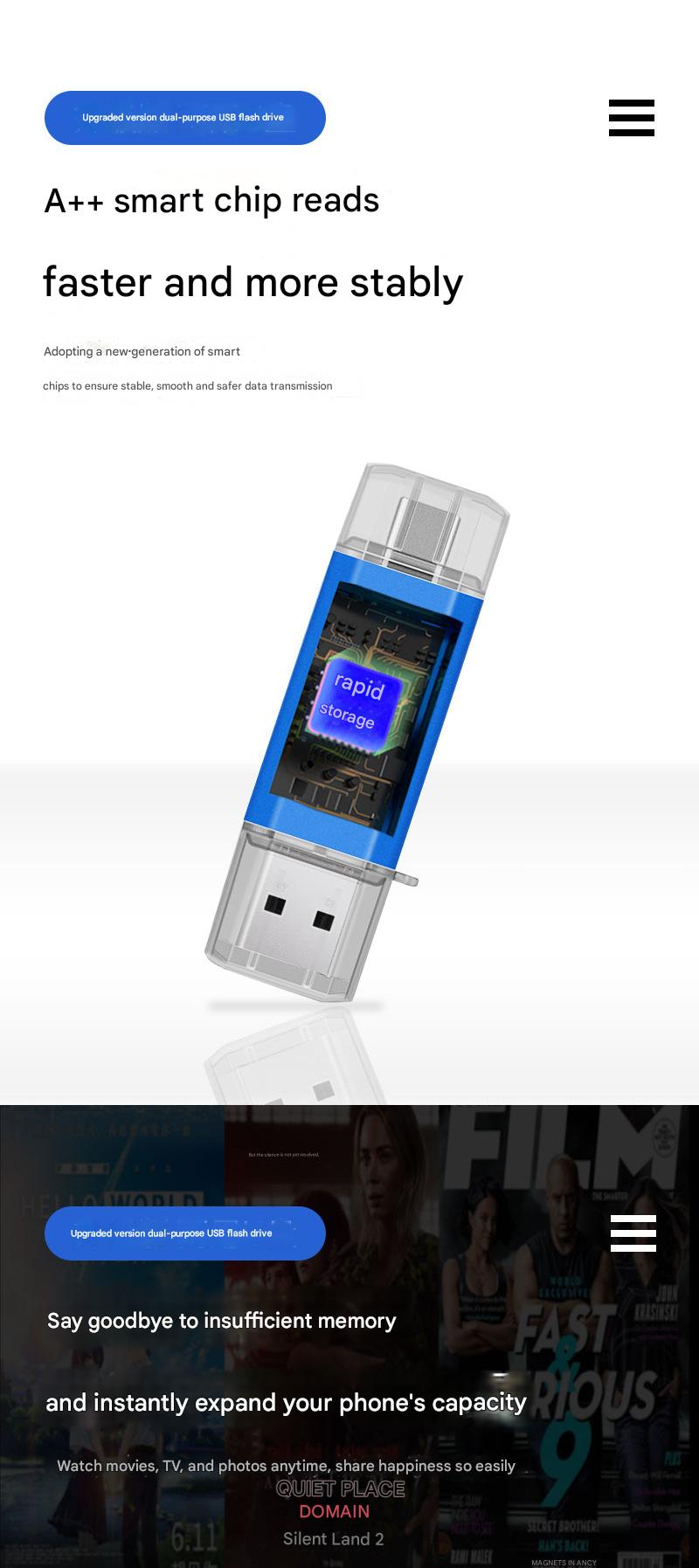 Product Introduction of 2-IN-1 Mobile Phone USB Flash Drive Typ-C 128G High Speed USB3.0 Dual-Use USB Flash Drive 64G 32G Flash Drive 2.0 High Speed Expansion 1TB 2TB 21