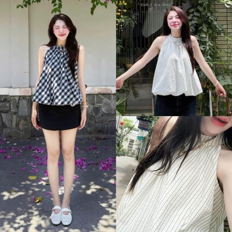 (ẢNH OLDSCHOOL) Áo cổ yếm NỮ dáng bí trứng phồng freesize EGGIE TOP