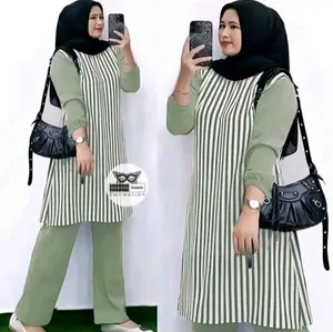 FITRIYAH ONE SET SETELAN LONG TUNIK MOTIF SALUR BAHAN KATUN MICRO REMAJA DEWASA Cantik Nyaman Lembut