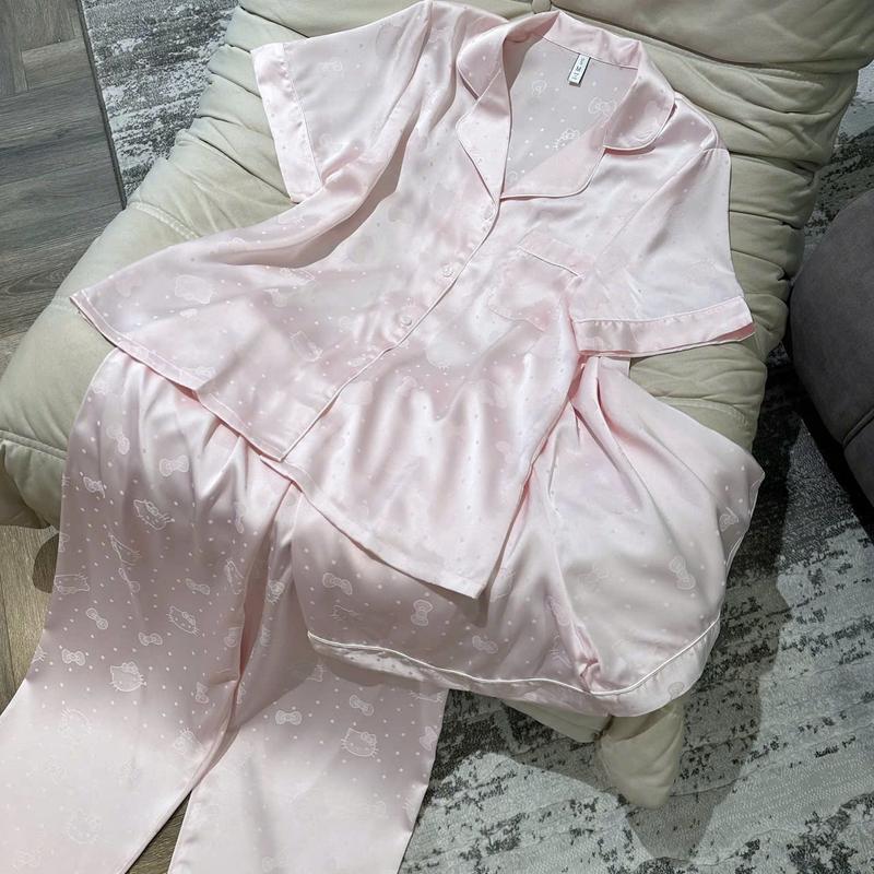 N290- Pijama sét 4 món lụa vân gấm mèo hồng cho nữ - Bộ ngủ mặc nhà hàng quảng châu cao cho nữ women
