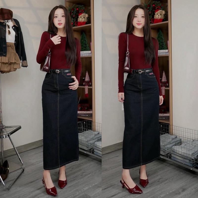   DEAL MỞ BÁN   Chân váy jean suông dài 85&90cm mác đỏ nâu  VẢI ĐẸP  có xẻ sau tôn dáng #8400 8510  AN TÂY STORE68 