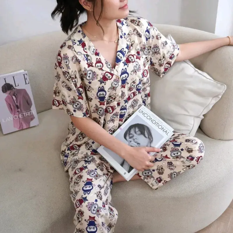 Piyama Labubu Rayon Wanita Motif Lengan Pendek - Busui jumbo Setelan Celana Panjang - Bahan Rayon Premium 2