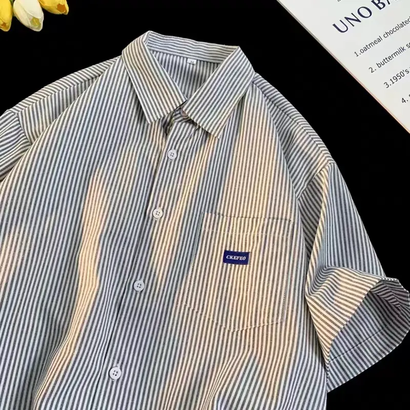 M-3XL striped short-sleeved shirt men's trendy brand oversize casual lapel shirt American retro couple tops black blue c21