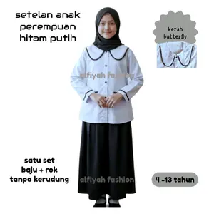 Baju Hitam Putih Setelan Anak Perempuan Seragam Sekolah Mengaji TK SD Kerah Butterply Lembut Nyaman Fashion