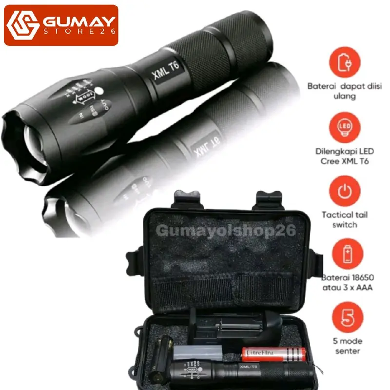 Promo Senter LED Fullset 8000Lumens XML-T6 Super Terang / Senter Camping / Senter Cas Jarak Jauh Wajib Punya Baterai Charger 0