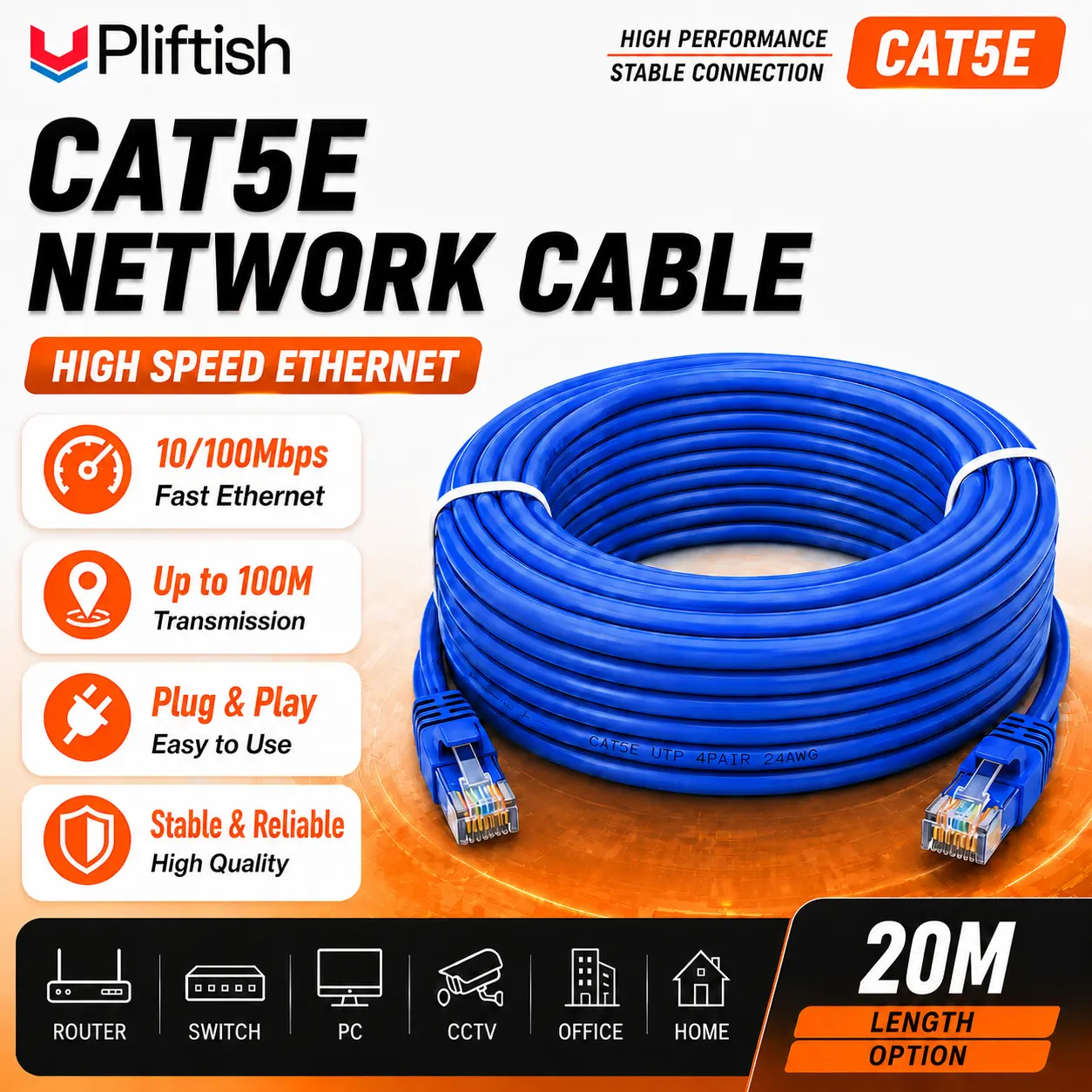 Kabel LAN Cat5 20M Outdoor Indoor Kabel Patch Cord UTP  RJ45 CAT5 Komputer Broadband 100MBS LAN Cable WIFI CCTV Kamera