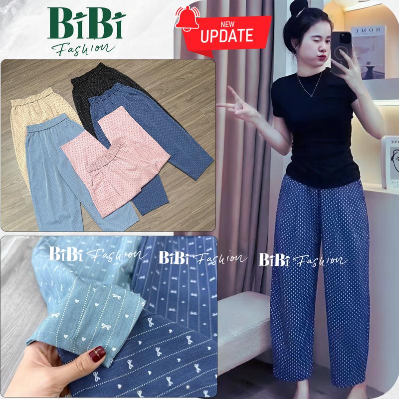 (Bản nâng cấp) - Quần Baggy nữ vải thô mềm chấm bi dáng thụng Bigsize, Quần Jean giấy thô chun 9 tấc in hoạ tiết