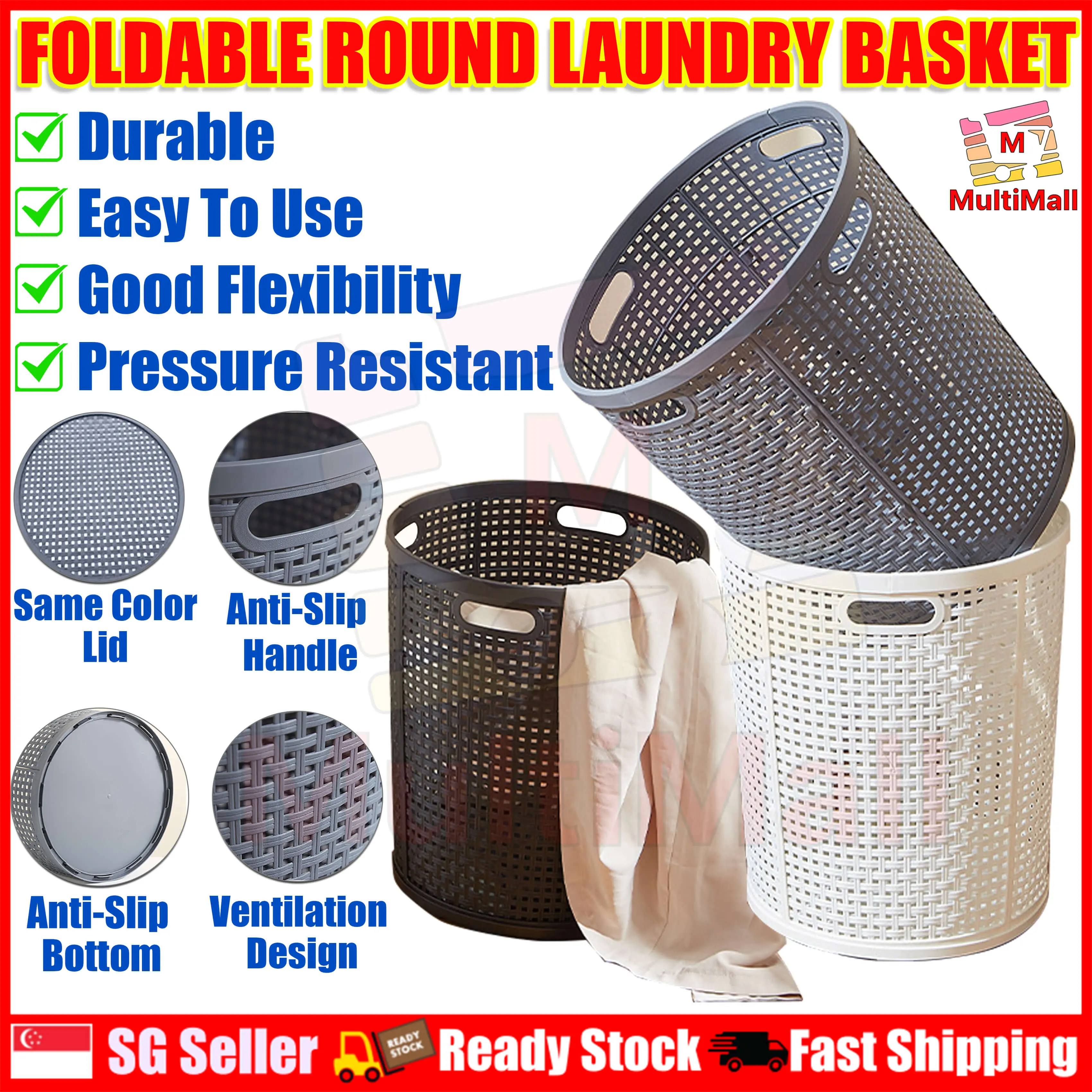 [MultiMall] Foldable Round Laundry Basket- Round Collapsible Plastic Hamper with Handle for Dirty Clothes in Bathroom and Bedroom Multifunctional, Space Saving, and Portable Easy Storage Organizer Bin for Toys, Towels, and Blankets