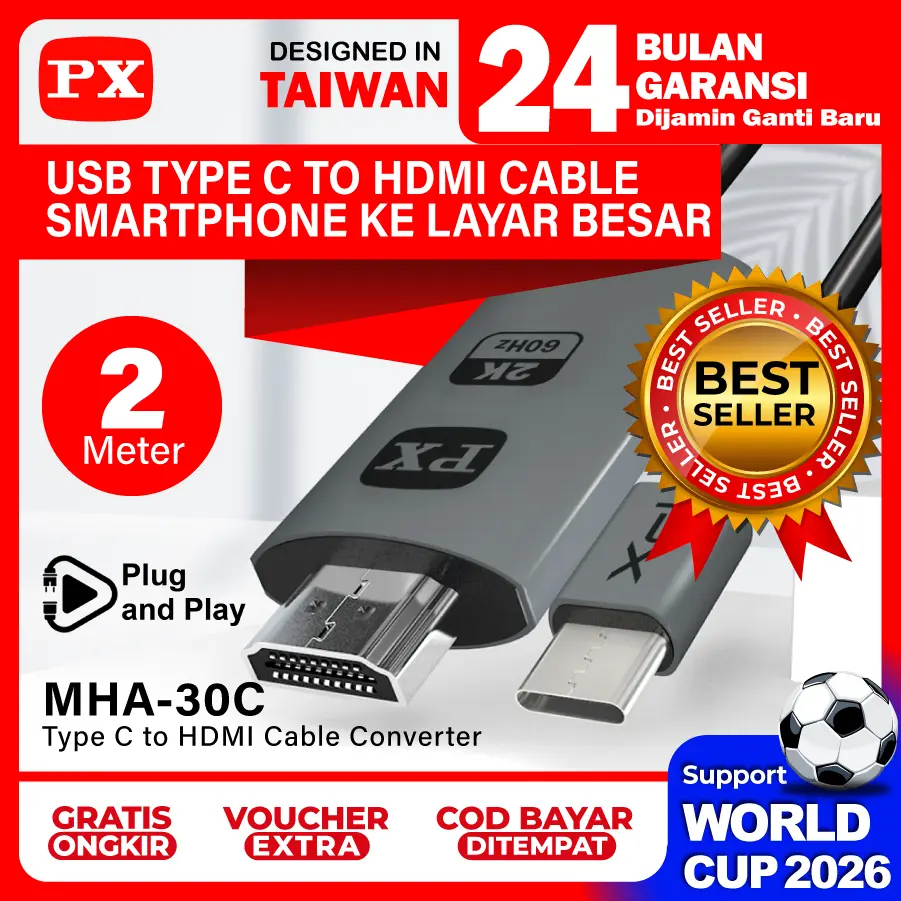 Kabel HDMI Type C to HDMI Dongle MHL Mirroring Cable Anycast Dongle Miracast Mirascreen Ezcast Converter Smartphone Tablet Kabel HDMI HP ke TV Monitor Proyektor PX MHA-30C