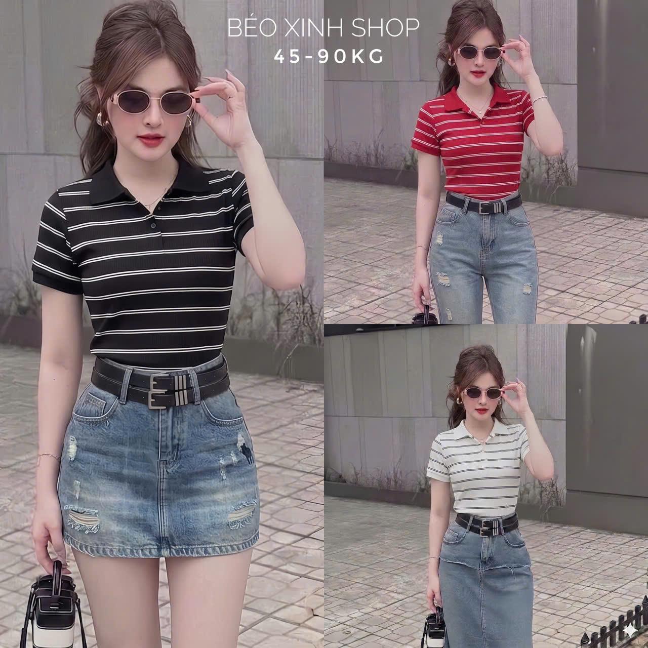 Áo Thun Nữ Cổ Polo Phối Sọc Vải Thun Gân Tăm 45-95Kg Có Bigsize Dễ Thương Top Women - A.1604