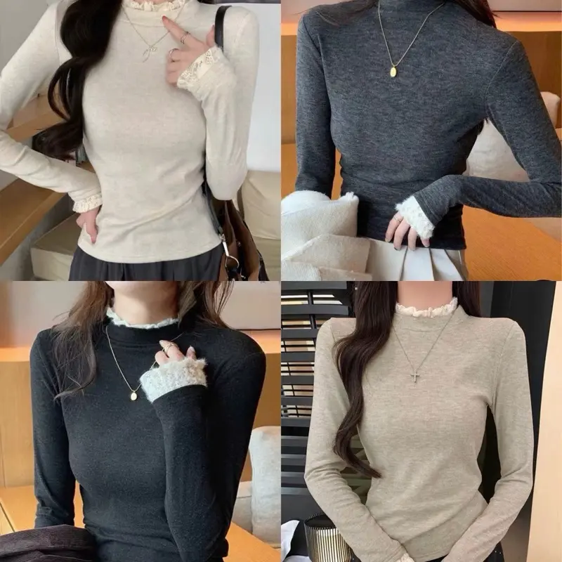 [XẢ LỖ 69k] Áo Giữ Nhiệt Thun Len Lông Thỏ Nữ Cổ Phối Ren Tay Dài Màu Trơn Phong Cách Hàn Quốc Thời Trang Mới
