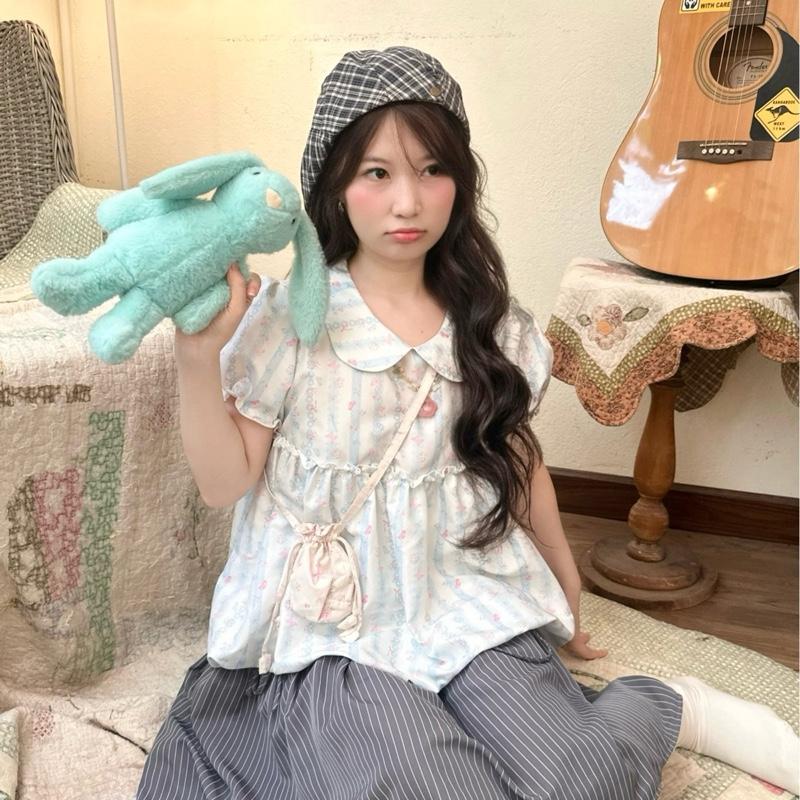  Shirii Áo Babydoll Form Bí Tay Bo Chun Áo Thu Đông Chất Liệu Thô Lụa Mỏng Nhẹ Màu Hoa Nền Be Phù Hợp Cân Nặng 38-60kg Kích Cỡ Đa Dạng 