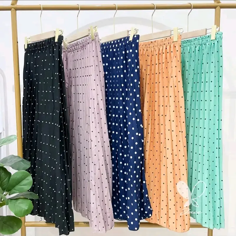 Rok Plisket  Panjang Wanita Motif Bunga Kekinian Bawahan Melar Nyaman Dewasa Karet Polkadot 3