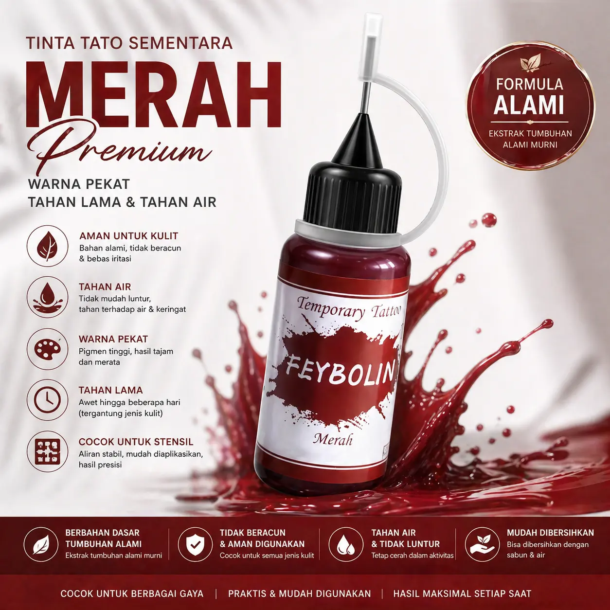 Tinta Tato Herbal Alami – Aman di Kulit, Tahan Air & Keringat, Warna Tajam Tidak Mudah Luntur,Aman di Kulit, Anti Luntur, Tahan Lama, Cocok untuk Stensil & Pemula,Natural, Waterproof, Long Lasting & Skin Safe