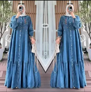 Zifana~Sherly  Gamis Jeans Jumbo Bordir Bunga Terbaru